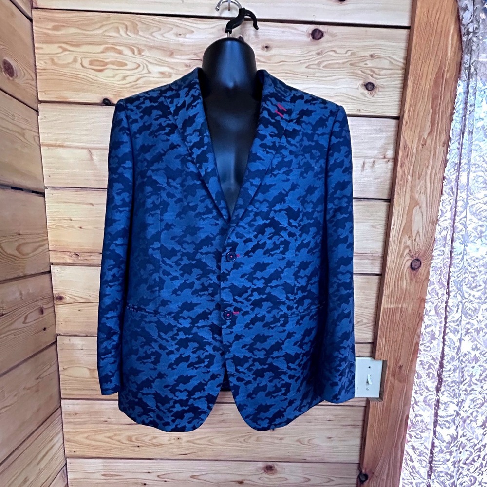 7 Downie St‎ Couture Mens 40R Blazer Navy Blue Camo Paisley Lining Sport Coat